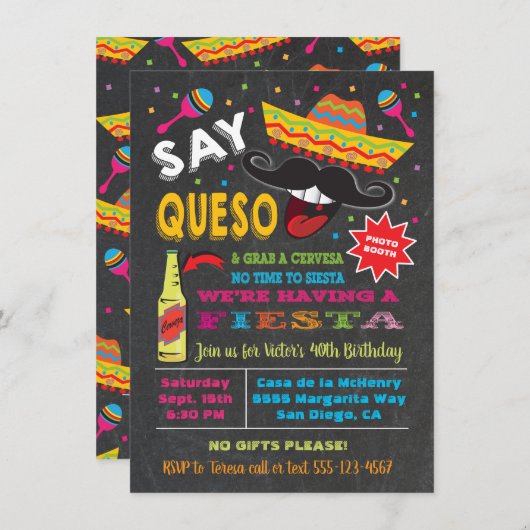 Zeg Queso Mexican Fiesta Party Invitation Kaart (Voorkant / Achterkant)