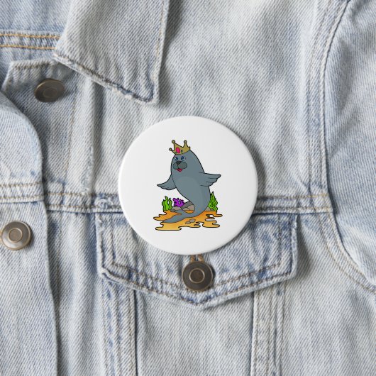 Zegel als koning met kroon ronde button 7,6 cm (In situ)