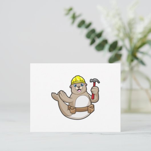 Zegel als timmerman met hamer & hoed briefkaart (Staand voorkant)