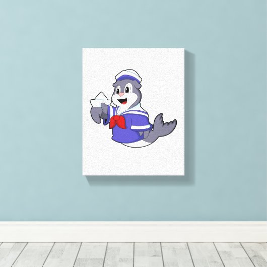 Zegel als zeeman met boot canvas afdruk (Insitu (Houten vloer))