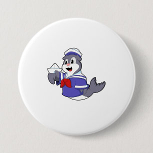 Zegel als zeeman met boot ronde button 7,6 cm