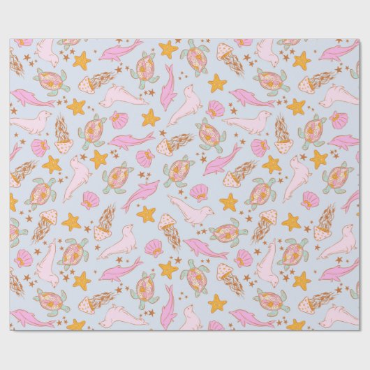 Zegel Dolfijn Kwal Schildpad Zeester Pastel Cadeaupapier (Vlak)