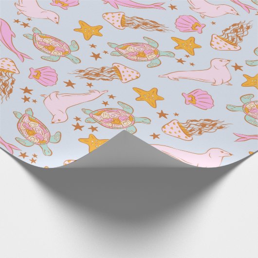 Zegel Dolfijn Kwal Schildpad Zeester Pastel Cadeaupapier (Hoek)