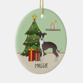 Zegel en witte Italiaanse grijnshond en kerstboom Keramisch Ornament (Rechts)