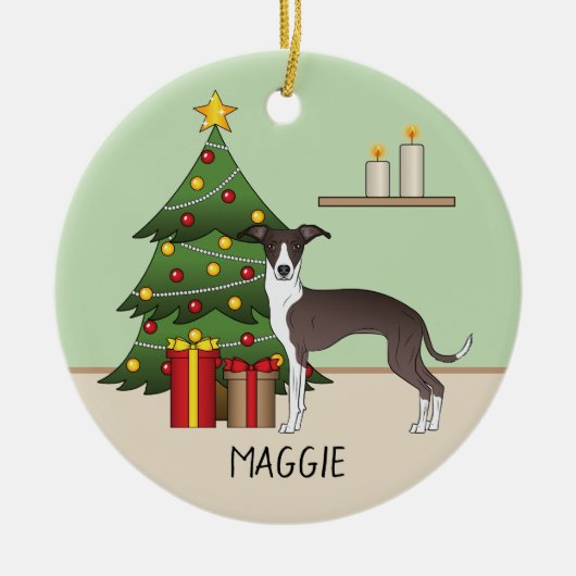 Zegel en witte Italiaanse grijnshond en kerstboom Keramisch Ornament (Voorkant)