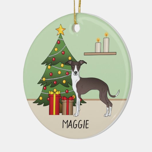 Zegel en witte Italiaanse grijnshond en kerstboom Keramisch Ornament (Links)