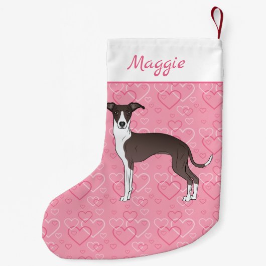 Zegel en witte Italiaanse grijnshond op roze harte Kleine Kerstsok (Achterkant)