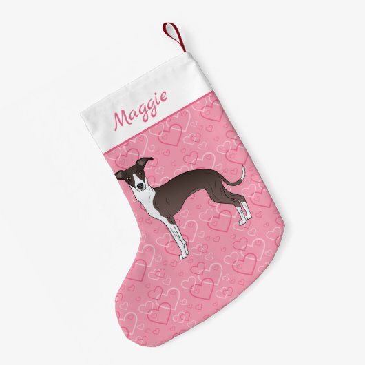 Zegel en witte Italiaanse grijnshond op roze harte Kleine Kerstsok (Achterkant (Hangend))