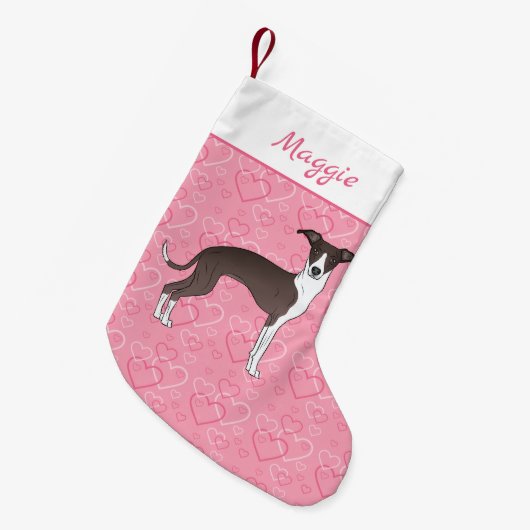 Zegel en witte Italiaanse grijnshond op roze harte Kleine Kerstsok (Voorkant (Hangend))