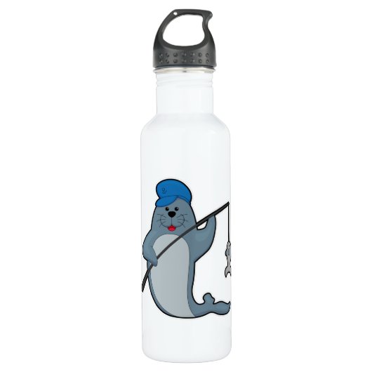 Zegel op Gevist met Geviste staaf en vis Waterfles (Voorkant)