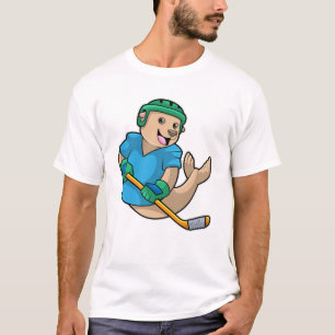 Zegel op ijshockey met ijshockeystick t-shirt