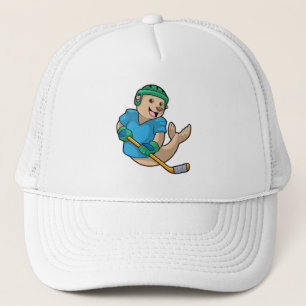 Zegel op ijshockey met ijshockeystick trucker pet