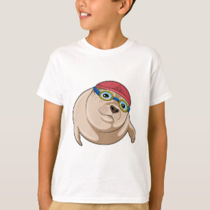 Zegel tijdens het zwemmen met zwembril t-shirt