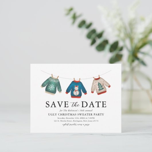 Zegeloze kerstfeest met Sweater Save the Date Aankondigingskaart (Staand voorkant)