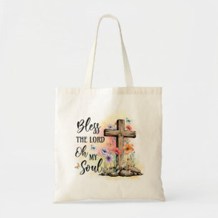 Zegen de Heer Oh Mijn Ziel Heilig Kruis en Bloemen Tote Bag