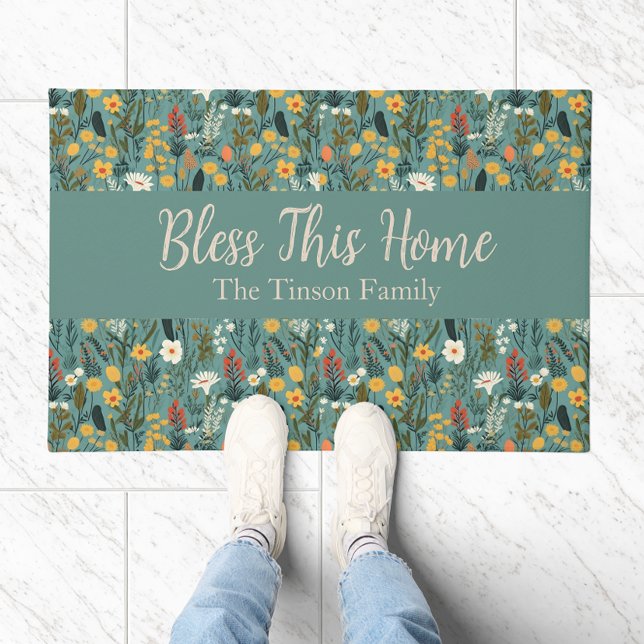 "Zegen dit huis" Bloemen  deurmat ("Bless This Home" Floral Personalizable Doormat)