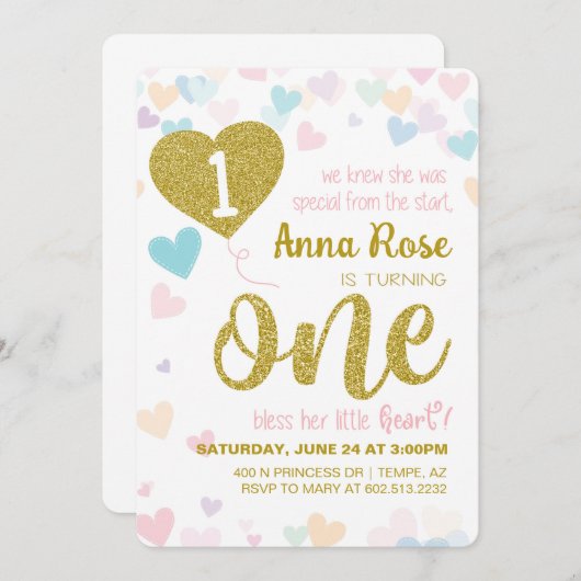 Zegen haar kleine hart eerste verjaardag uitnodigi kaart (Voorkant / Achterkant)