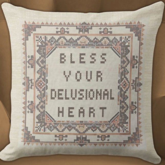 Zegen je waanzinnige hart - grappige faux gestikt kussen (Bless Your Delusional Heart
Funny Faux Needlepoint Embroidered Pillow Neutral Colors Aztec Border)