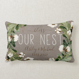 Zegen onze Nest Eucalyptus krans bruiloft Keepsake Kussen