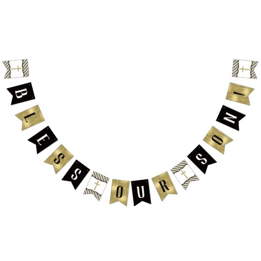 Zegen onze zoon Banner, zwart, goud Vlaggetjes (Alle)