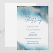 Zegen Uitnodiging. Blauwe en gouden aquarel. Kaart (Voorkant / Achterkant)