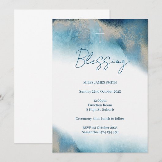 Zegen Uitnodiging. Blauwe en gouden aquarel. Kaart (Voorkant / Achterkant)