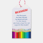 Zegen van de Rugzakken Gekleurde Potloden Kerk Cadeaulabel (Voorkant)
