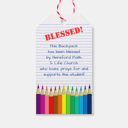 Zegen van de Rugzakken Gekleurde Potloden Kerk Cadeaulabel (Voorkant)