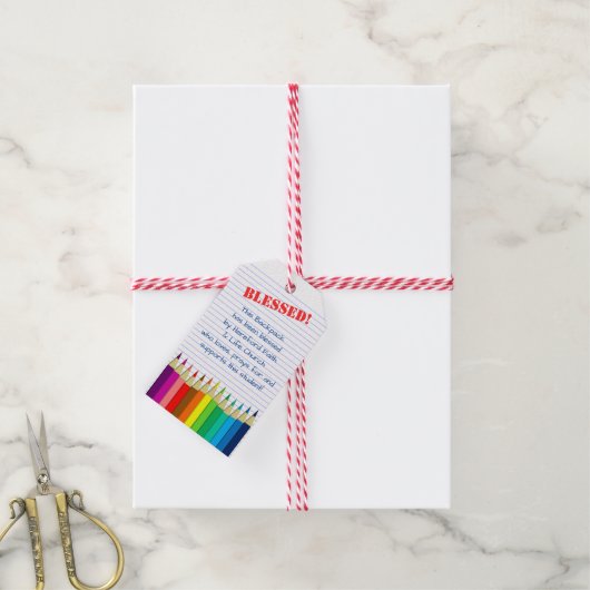 Zegen van de Rugzakken Gekleurde Potloden Kerk Cadeaulabel (Met Touw)