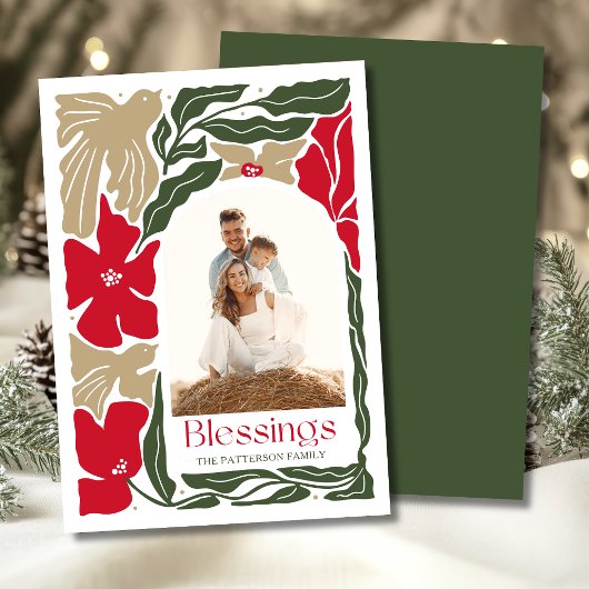 Zegeningen Bloemen Moderne Kerstmis Familiefoto Feestdagenkaart