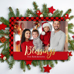 Zegeningen Familiefoto Kerst Rood & Zwart Plaid Folie Feestdagenkaart<br><div class="desc">Blessings Gold Typography Familienaam & foto Rood & Zwart Christmas Plaid Folie Vakantie Kaart</div>