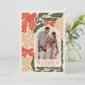 Zegeningen Rode Vogels Botanisch 2 Foto Kerstmis Feestdagenkaart (Staand voorkant)