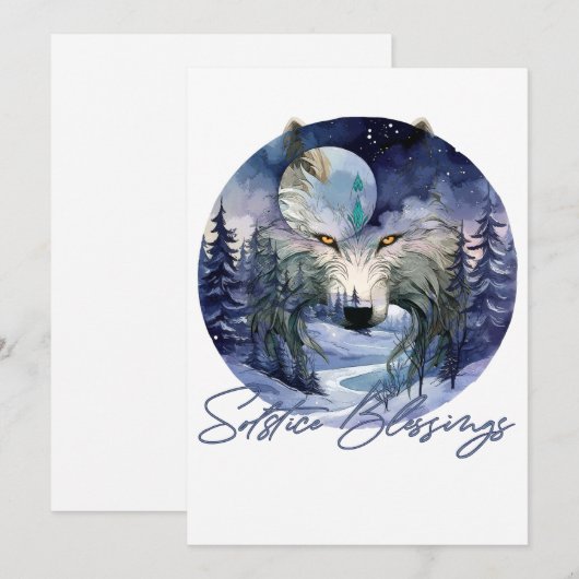 Zegeningen Zonnewende Winter Wolf Maneschijn Bos Feestdagenkaart (Voorkant / Achterkant)