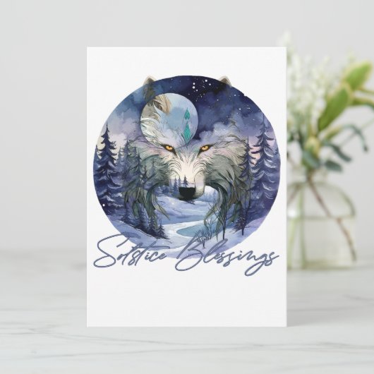 Zegeningen Zonnewende Winter Wolf Maneschijn Bos Feestdagenkaart (Staand voorkant)