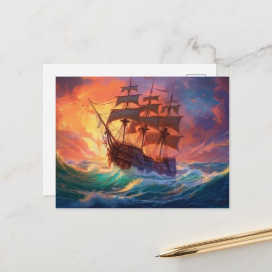 Zeil schip op een stormachtig Zee Feestdagenkaart (Voorkant / Achterkant in situ)