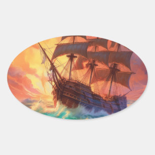 Zeil schip op een stormachtig Zee Ovale Sticker