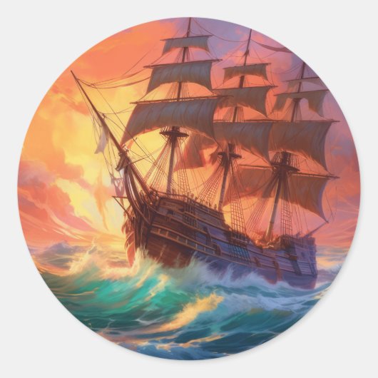 Zeil schip op een stormachtig Zee Ronde Sticker (Voorkant)
