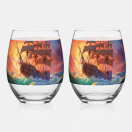 Zeil schip op een stormachtig Zee Wijnglas Zonder Voet