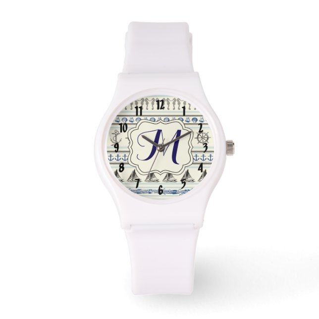Zeilanker Nautisch Touw Monogram Polshorloge Horloge (Voorkant)
