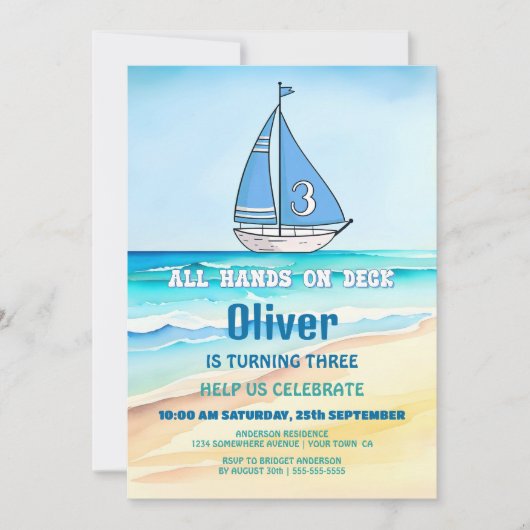 Zeilboot 3e verjaardagsfeest kaart (Voorkant)