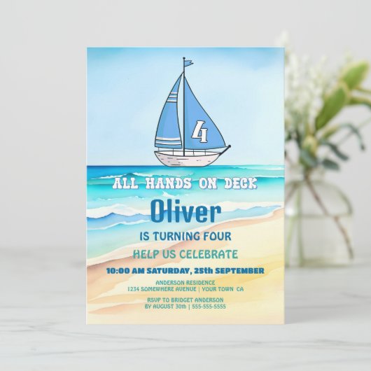 Zeilboot 4e verjaardagsfeestje kaart (Staand voorkant)