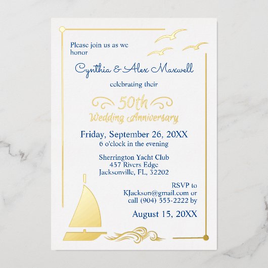 Zeilboot 50ste trouwdag goud folie uitnodiging (Voorkant)