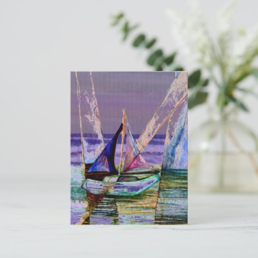 Zeilboot Abstracte Paarse Zeeen Briefkaart (Staand voorkant)