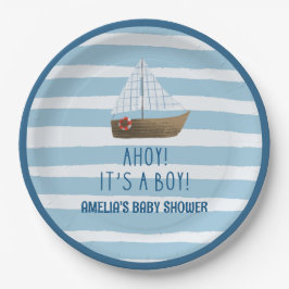 Zeilboot Ahoy heeft een jongensblauw baby shower Papieren Bordje