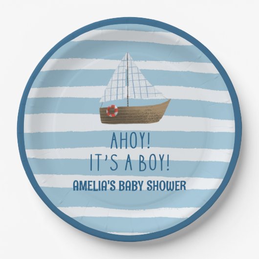 Zeilboot Ahoy heeft een jongensblauw baby shower Papieren Bordje (Voorkant)
