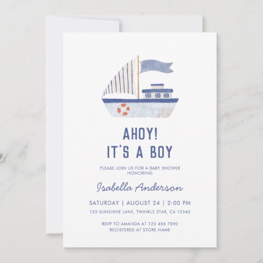 Zeilboot Ahoy! Het is een Boy Baby shower Kaart (Voorkant)