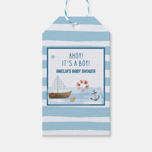 Zeilboot Ahoy is een jongensblauw baby shower guns Cadeaulabel (Voorkant)