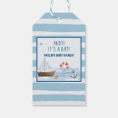 Zeilboot Ahoy is een jongensblauw baby shower guns Cadeaulabel (Achterkant)