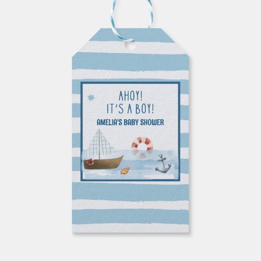 Zeilboot Ahoy is een jongensblauw baby shower guns Cadeaulabel (Achterkant)