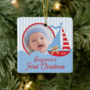 Zeilboot Baby's Eerste Kerstmis Foto Ornament